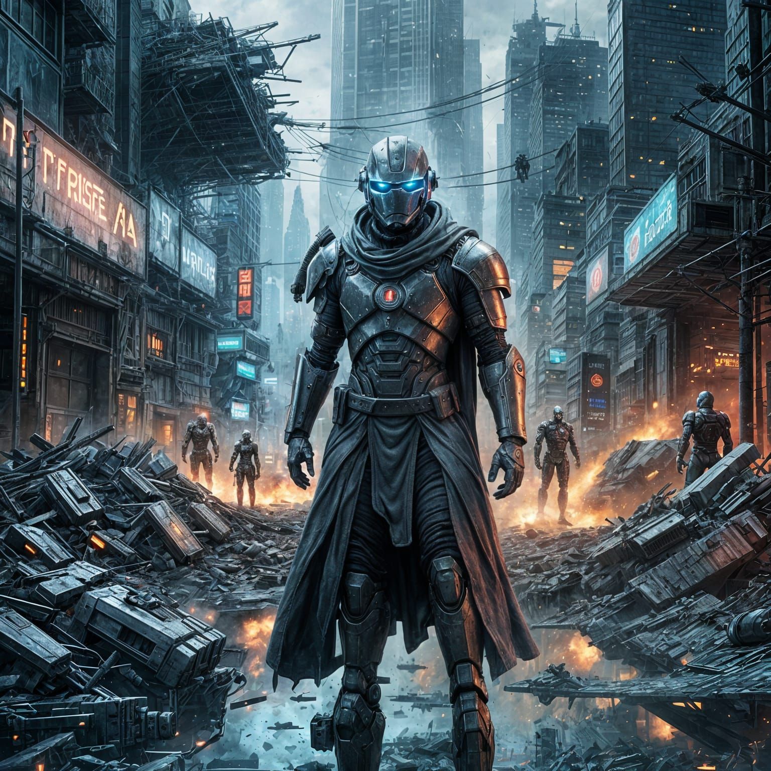 Futuristic Warrior in Dystopian Robot Battle