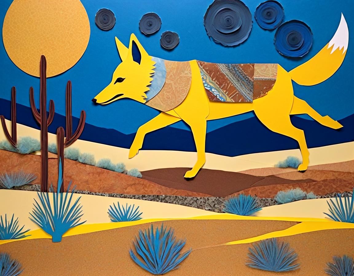 Yellow Coyote Running Through Blue Desert Collage