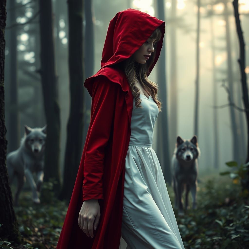 Elegant Red Riding Hood Walks Through Enchanted Forest in Ci...