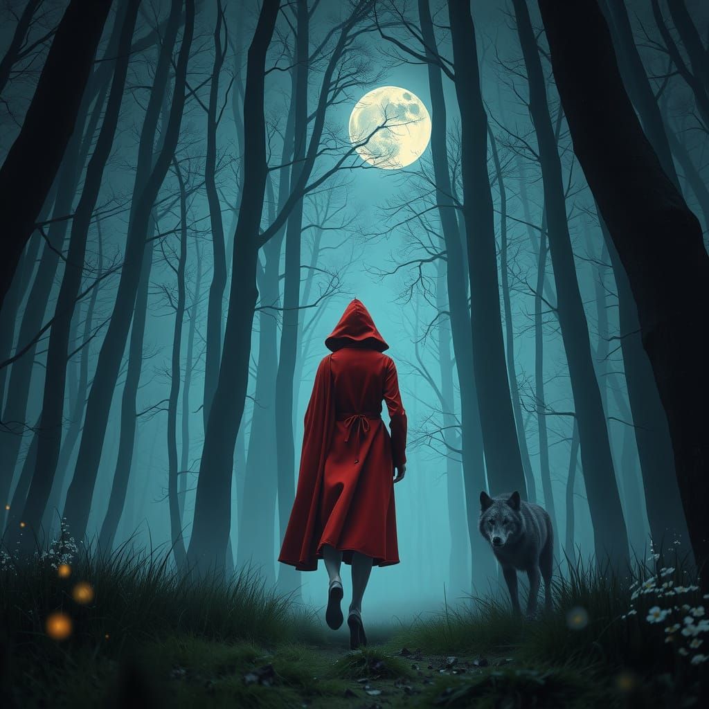 Mystical Moonlit Encounter in a Red Cloaked Figure