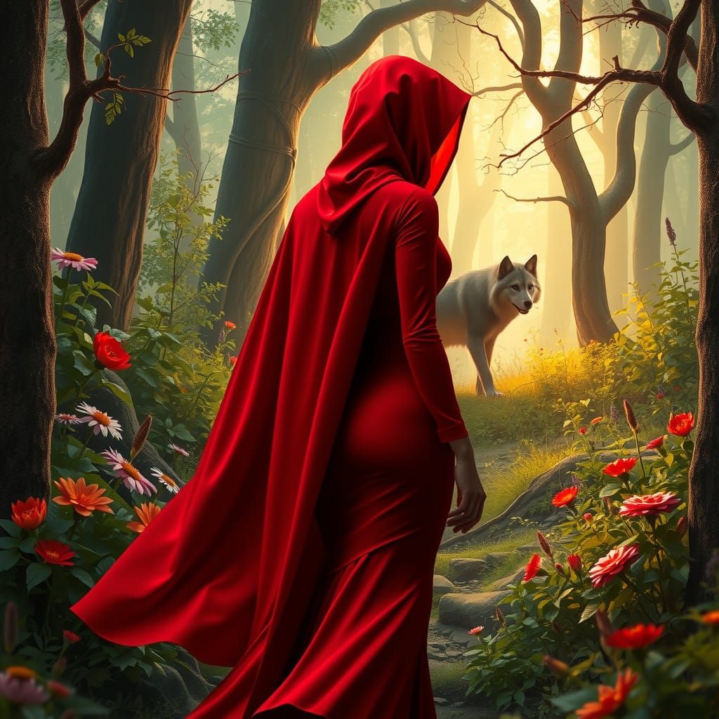 Red Fantasy Figure Walks Through Mystical Forest
