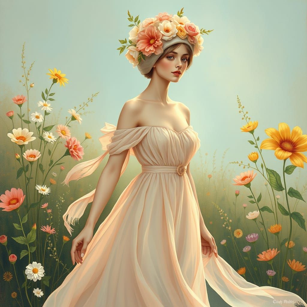 Woman in a Pastel Colored Gown with Floral Hat