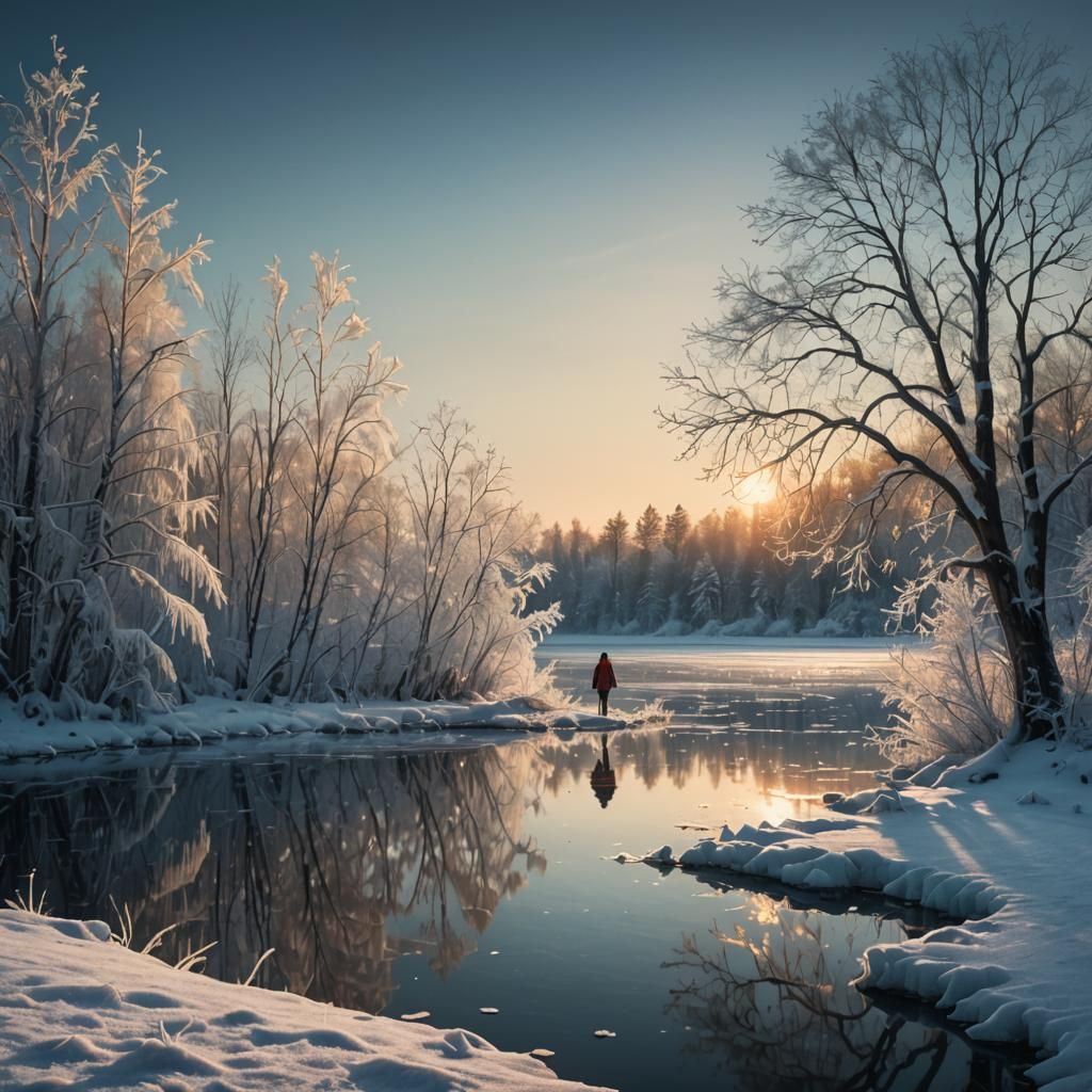 Frozen Lake at Golden Hour: Vivid Digital Art