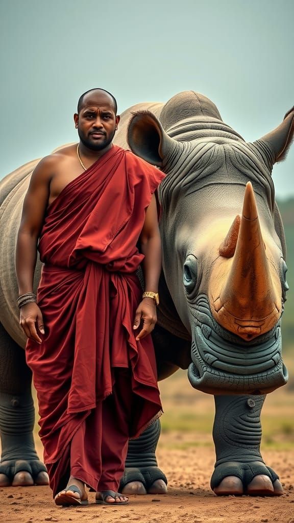 Hindu Monk and Giant Rhinoceros in India