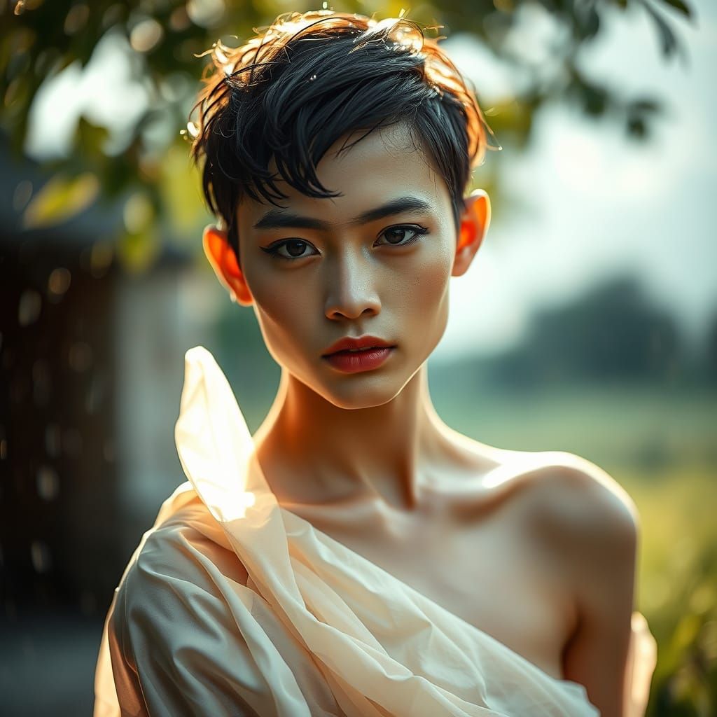 Ethereal Portrait of Androgynous Person in Silk Gown