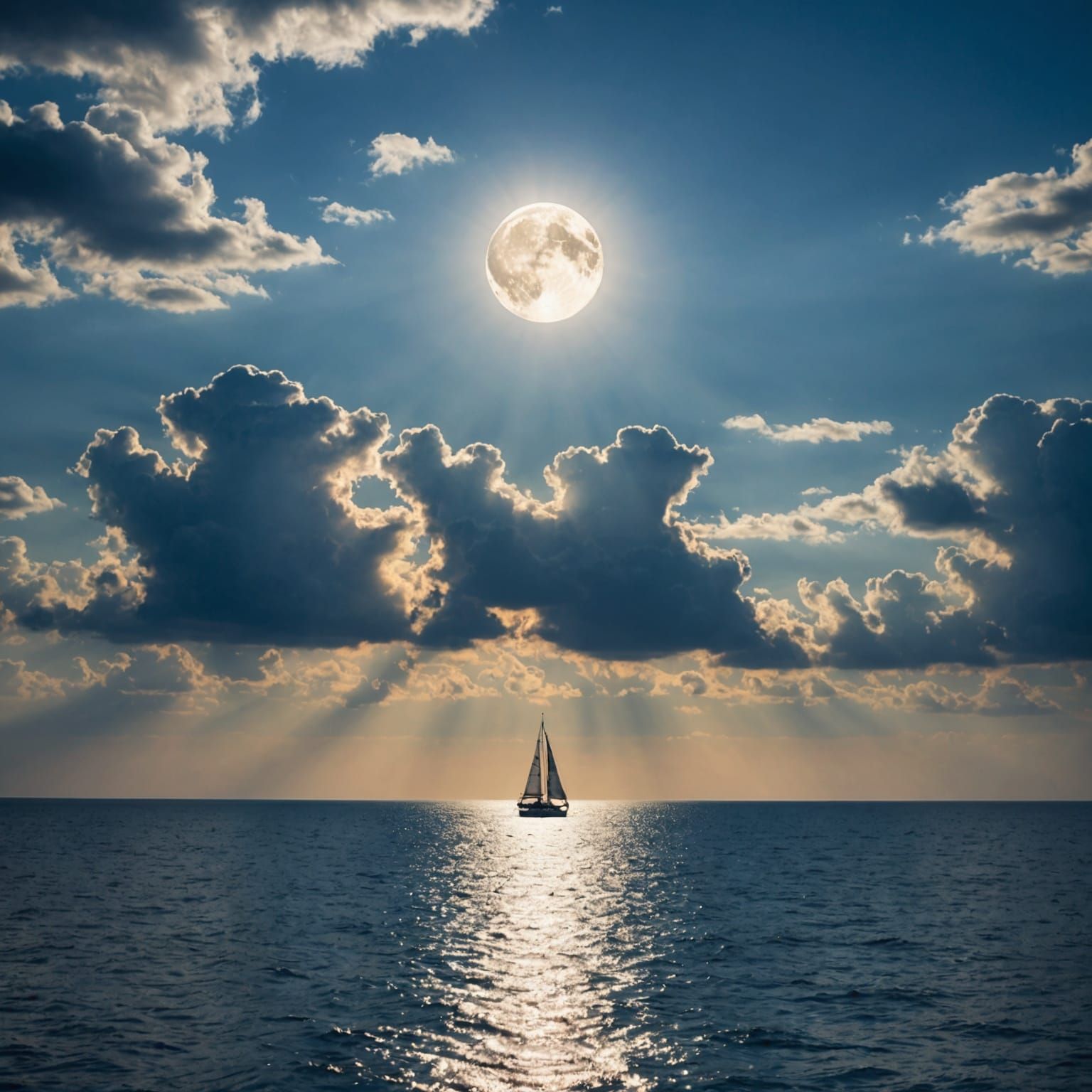 Sailboat on Ocean Under Moonlight