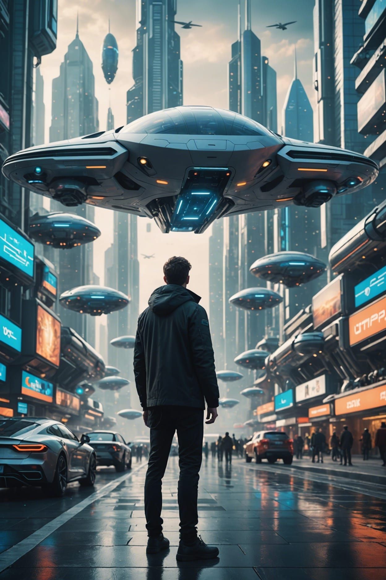 Man facing flying vehicles in a futuristic city