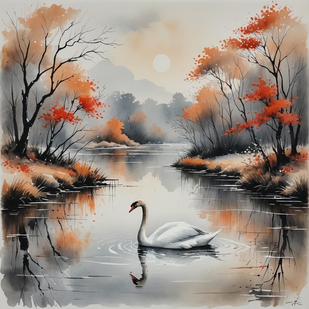 Watercolor autumn lake scene