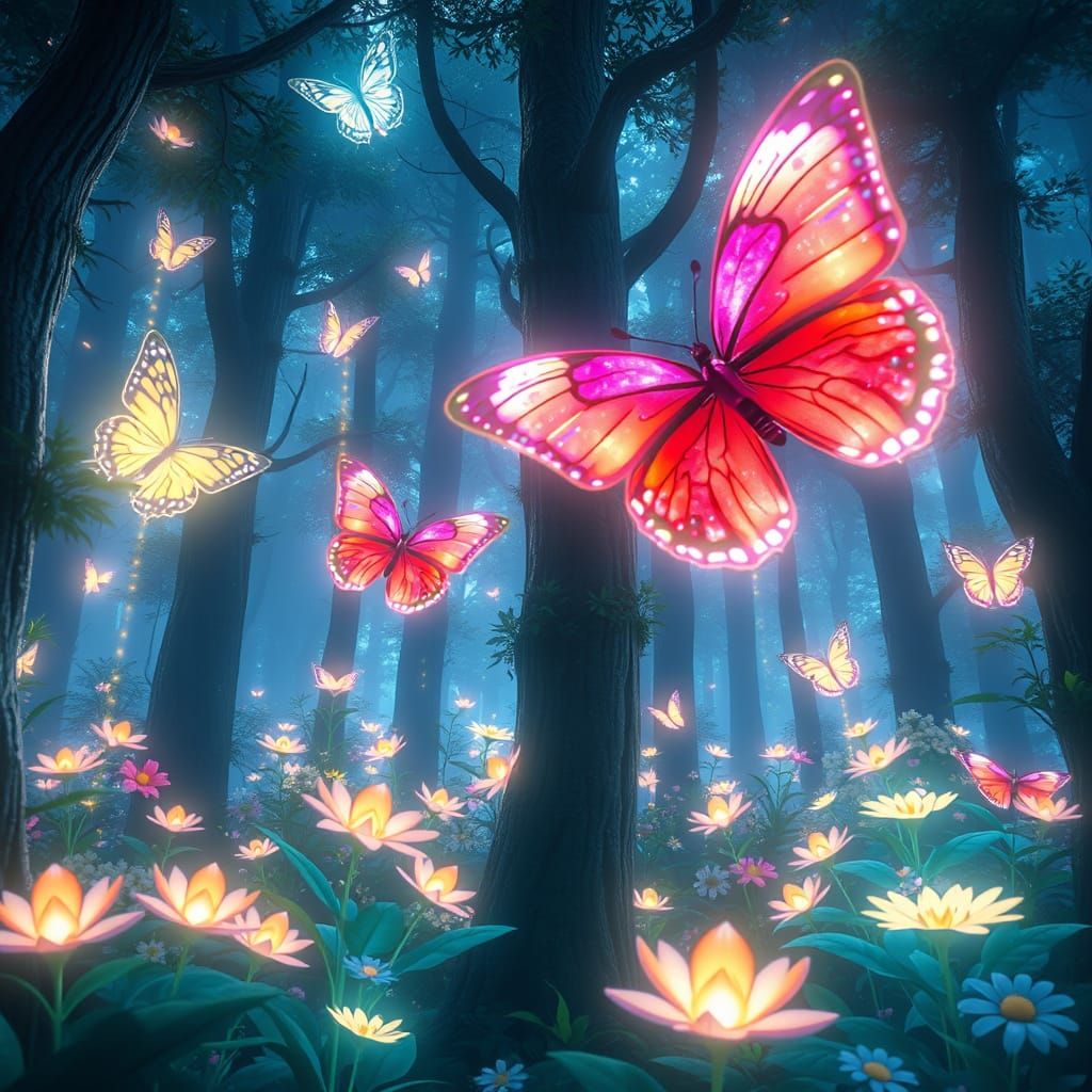 Glowing Forest with Giant Rainbow Butterflies