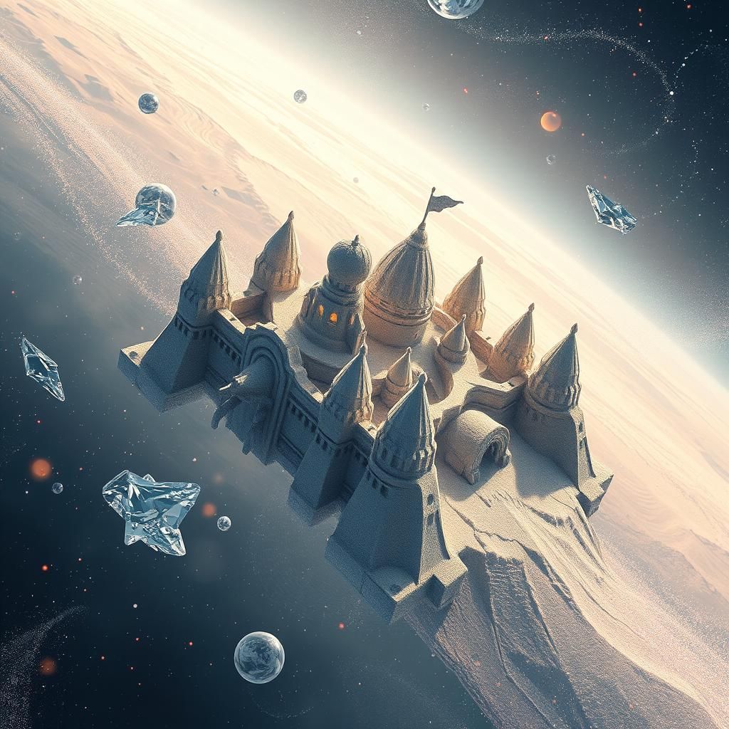 Crystalline Sand Castle Spaceship Soaring Through Cosmos
