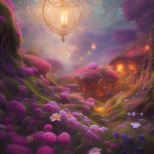 Glowing Flowers in Bottle, Macro Fantasy Art