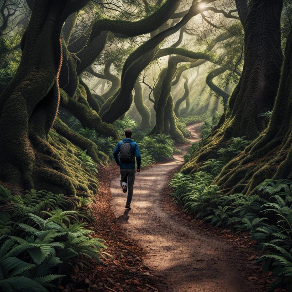 Mystical Forest Jog: Hyperrealistic Cinematic Image