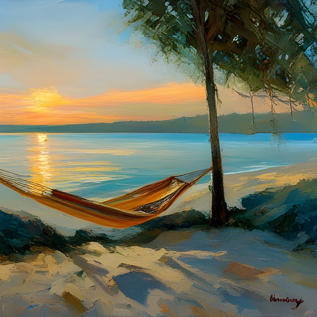 Sunset Hammock: Relaxing Seaside Oil Painting