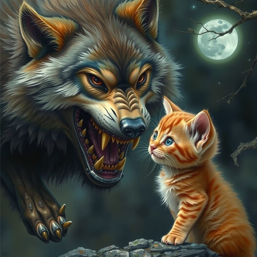 Fierce Wolf's Head Confronts Innocent Kitten in Dark Fantasy...