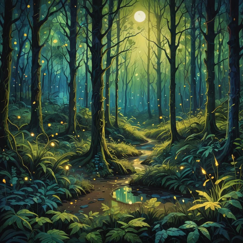 Magical Moonlit Forest in Fauvist Style