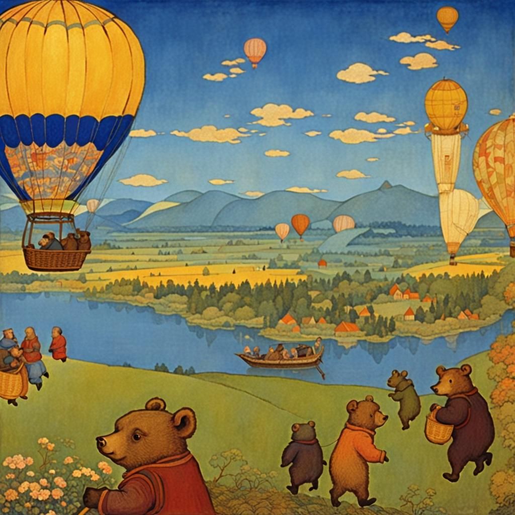 Bears and Pigs in Hot Air Balloon, Russian Fairytale Style