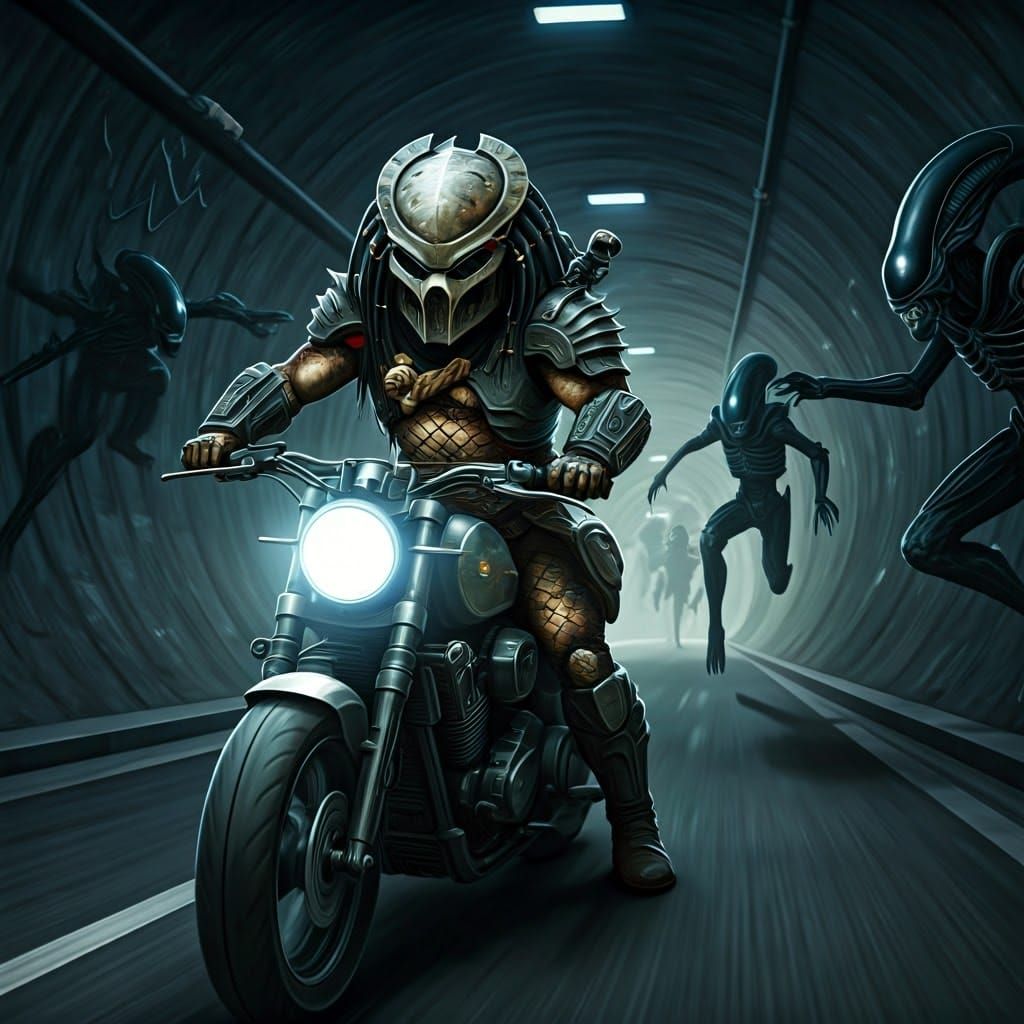 Predator Chases Aliens in Dark Tunnel, Alien-Style Motorcycl...