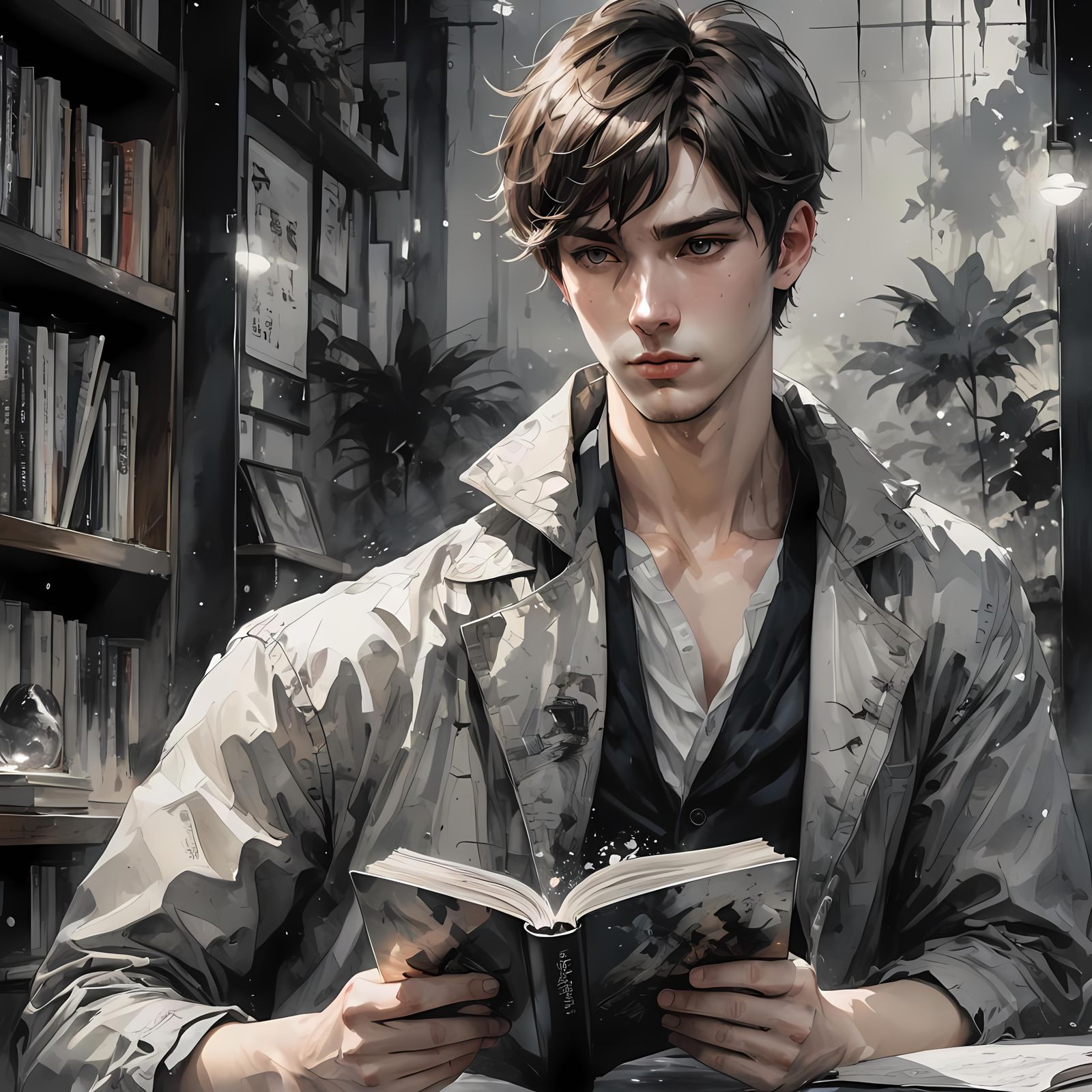 Anime Portrait of Handsome Man Reading, Watercolor Style