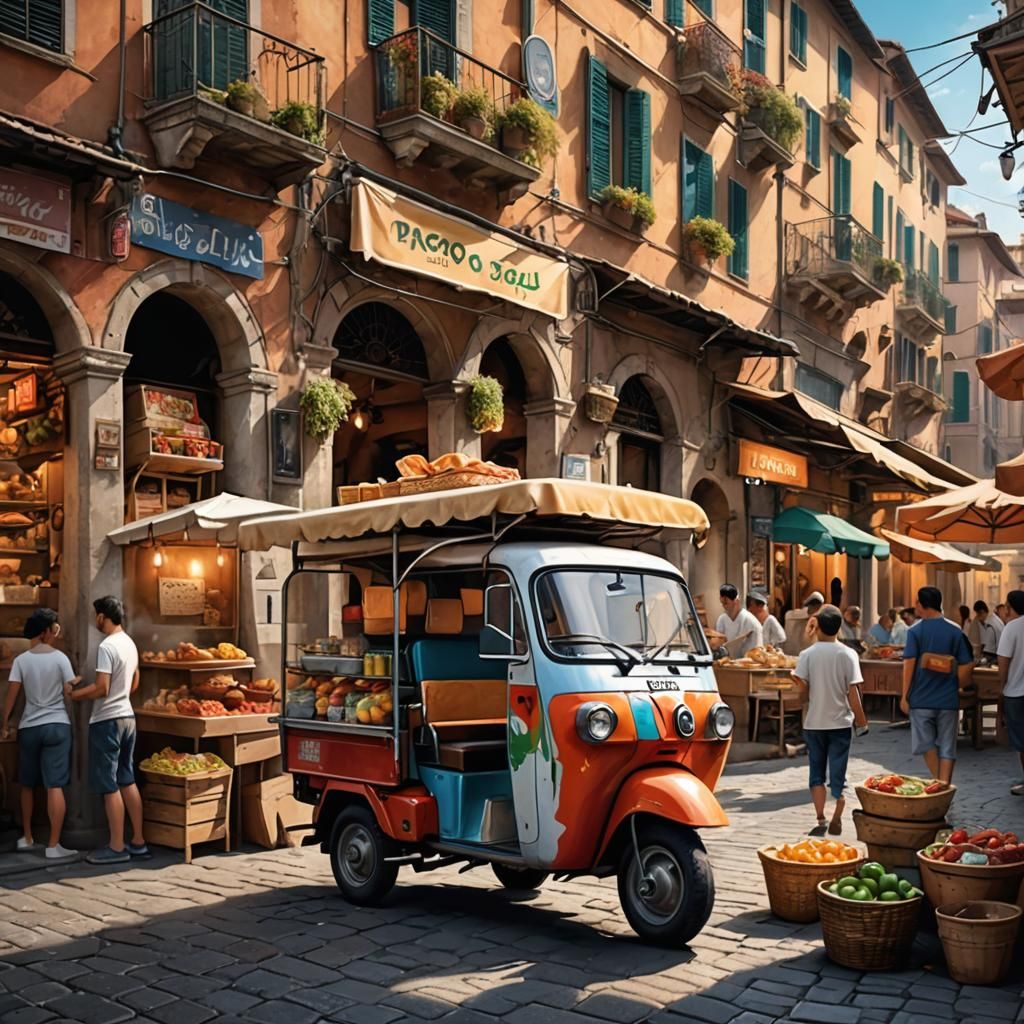 Italian Street Food Stall in Hyperrealistic Style
