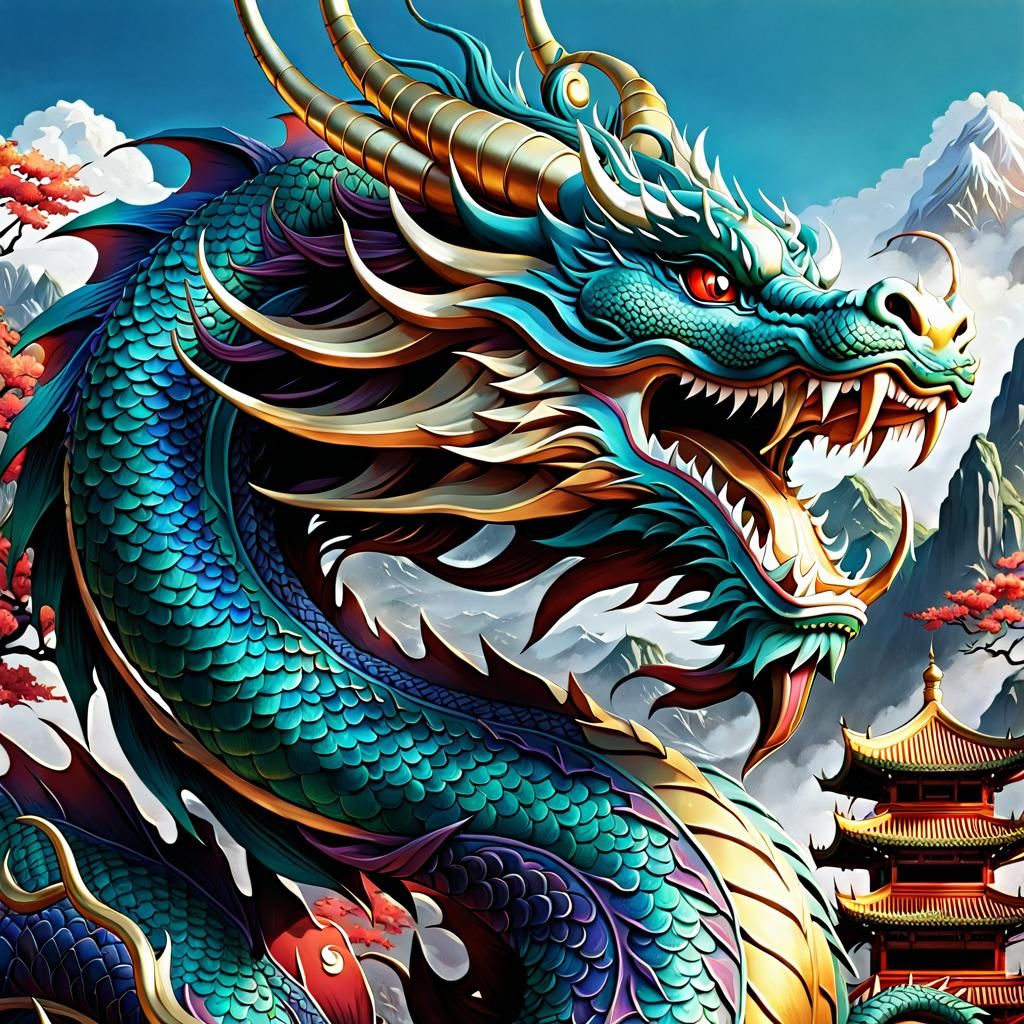Detailed Hand-Drawn Chinese Dragon Illustration in Anime Sty...