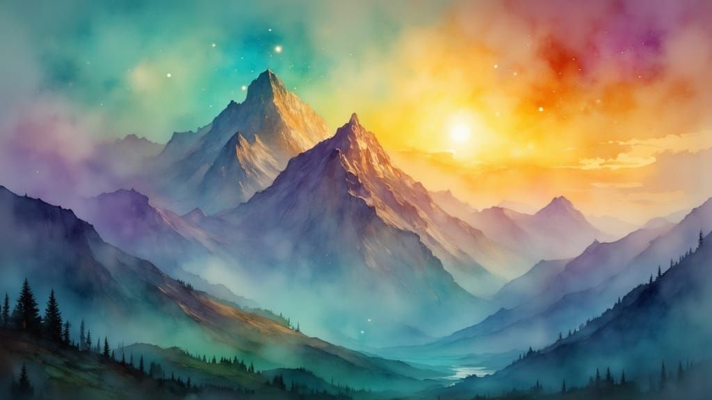 Ethereal Light Descends on Mountain in Dreamlike Style