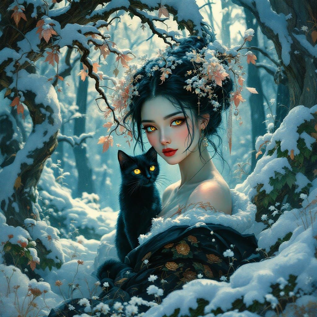 Ethereal Art Nouveau Lady Amidst Snowy Forest Surrealism
