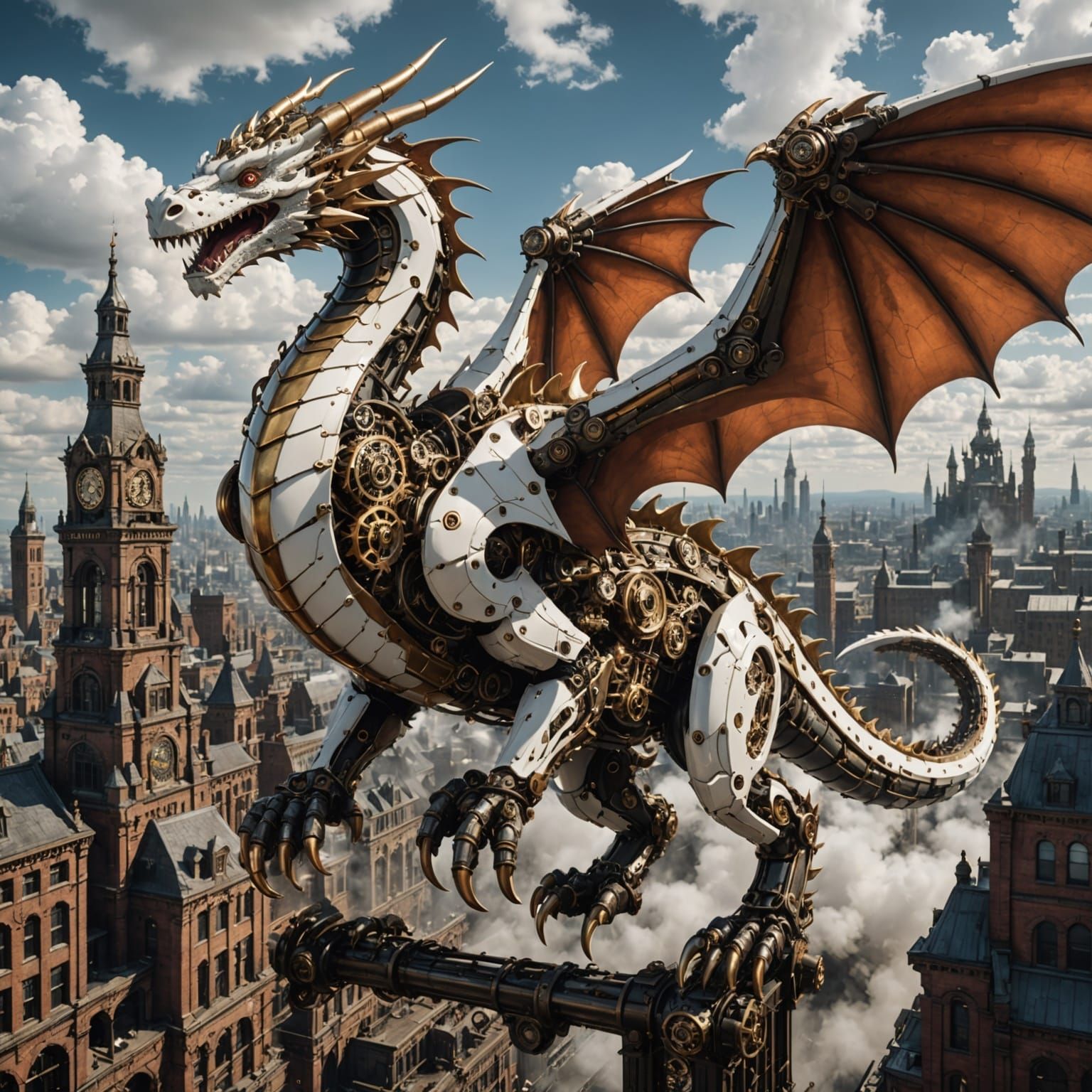 Steampunk Mechanical Dragon Soaring Through the Sky
