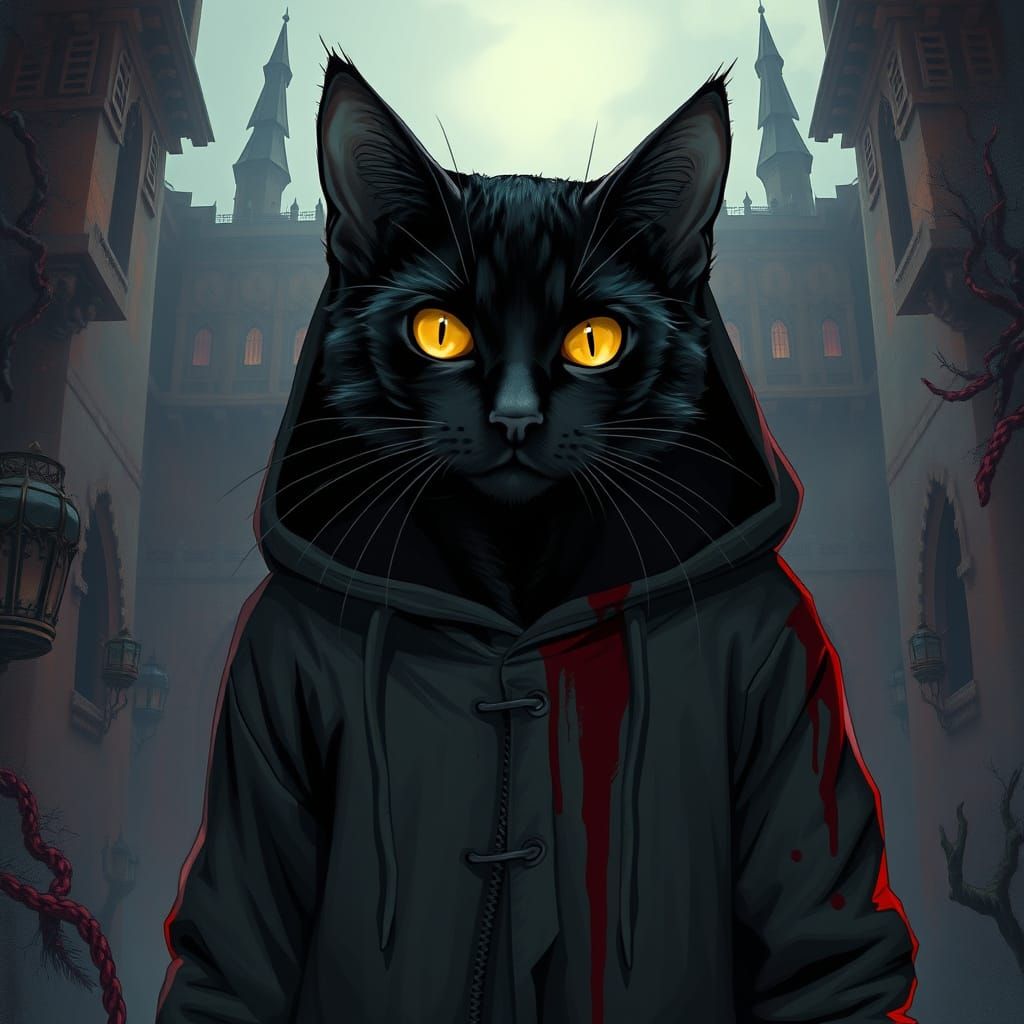 Mystical Black Cat in Cyberpunk Gothic Castle