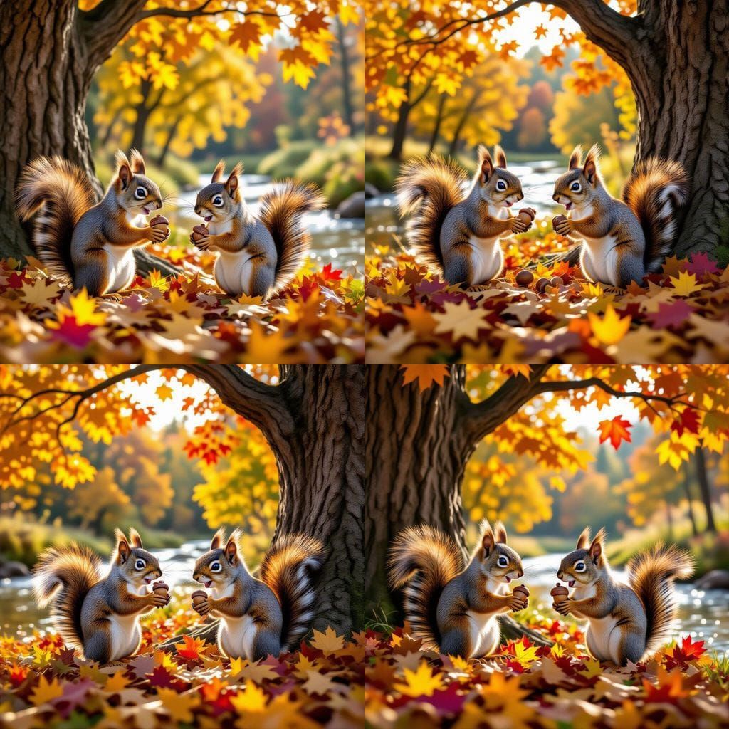 Squirrel Acorn Conflict in Autumn Sunlight