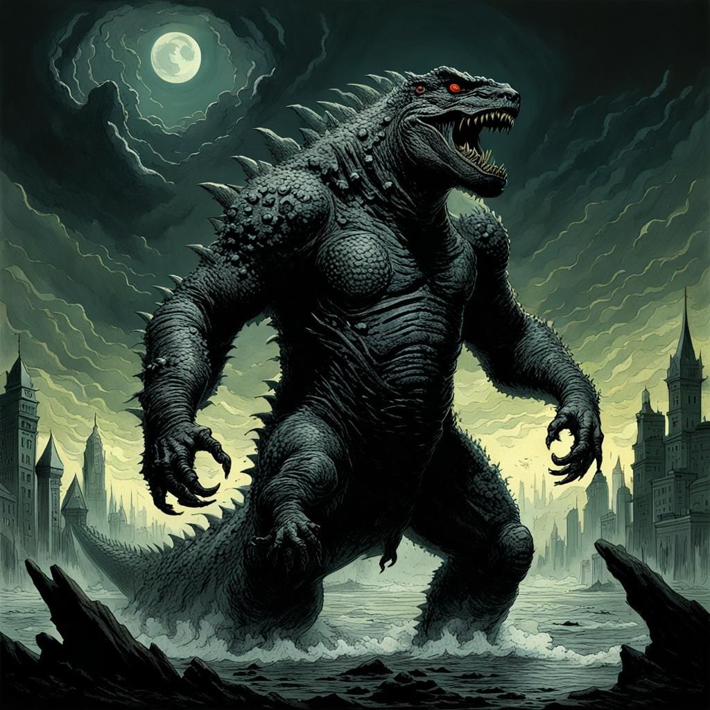 Godzilla in Dark Engraving Horror Style