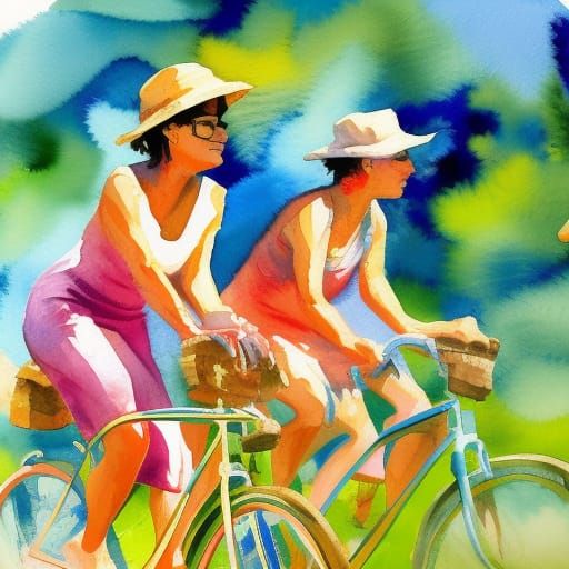 Cycling Ladies in Summer Gouache Watercolor Style