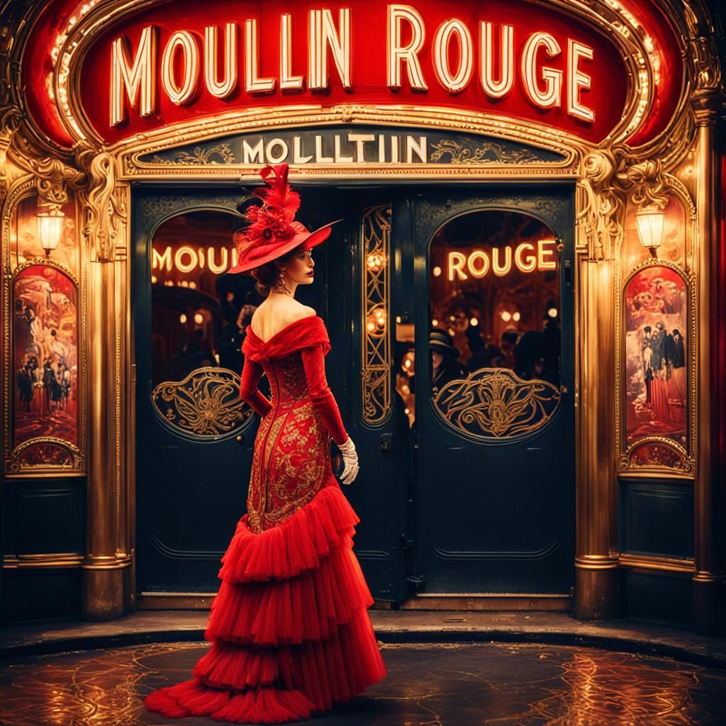 Woman in Red at Moulin Rouge: Art Nouveau Painting