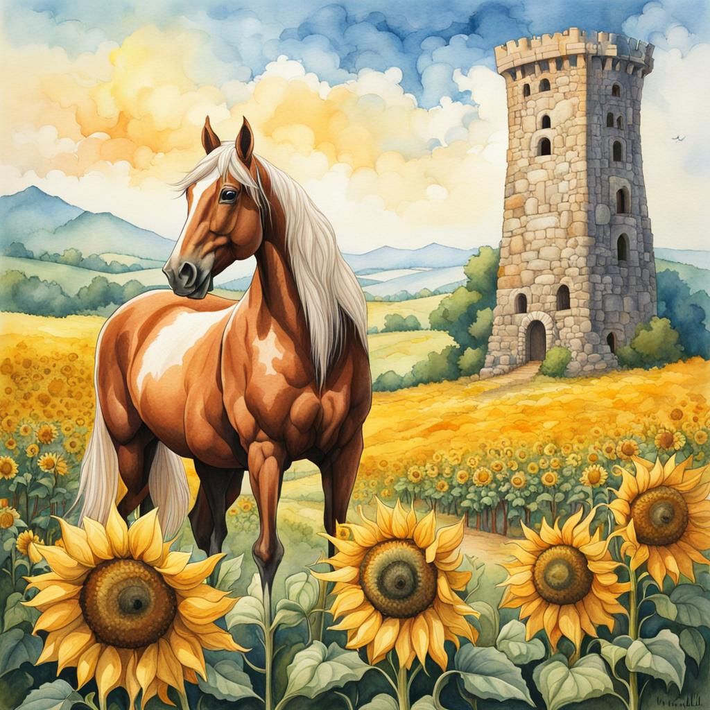 Cartoon Horse and Tower in Watercolor Illustration