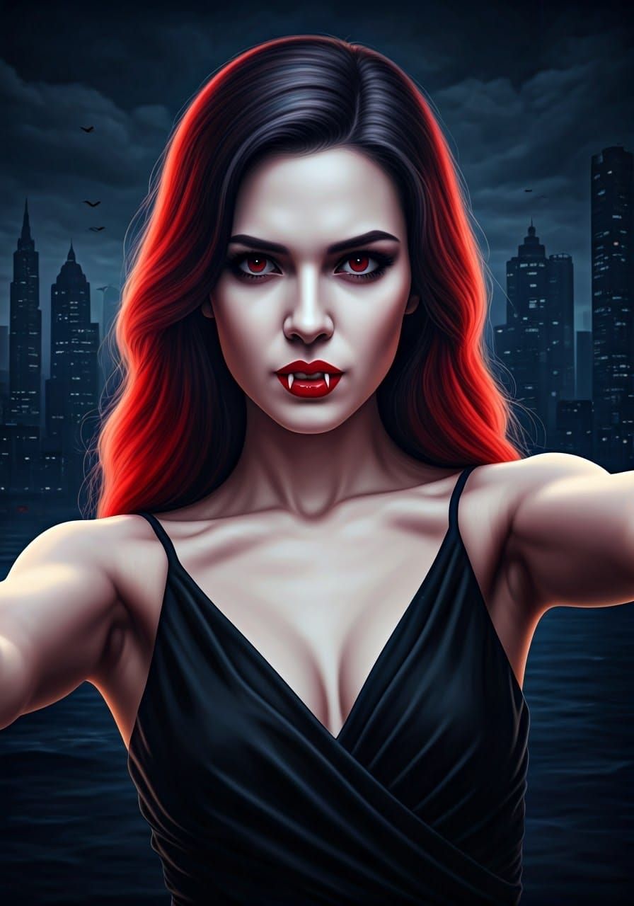 Ethereal Vampire Influencer in Dark, Futuristic Cityscape