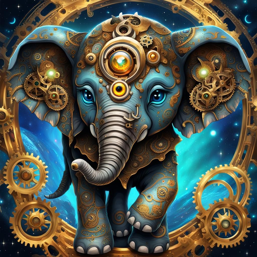 Steampunk Elephant with Glowing Eyes in Cyberpunk Style