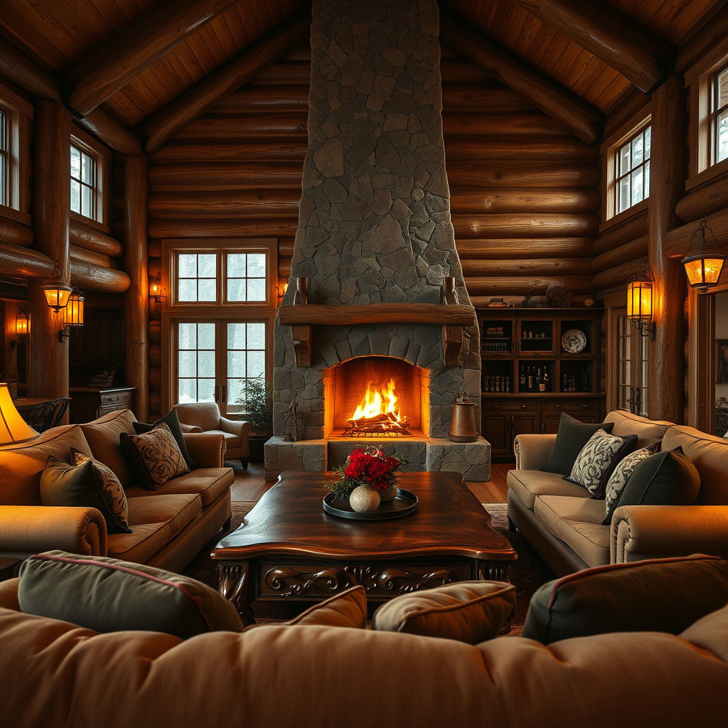 Inviting Rustic Log Cabin Den in Cinematic Style