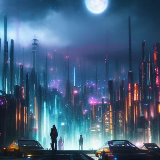 Dark Cyberpunk Cityscape at Night in Anime Style