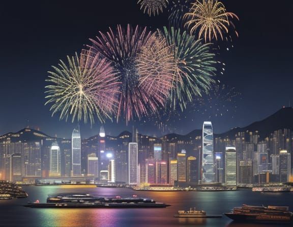 Hong Kong Cat Watches Fireworks, Oil Painting Style