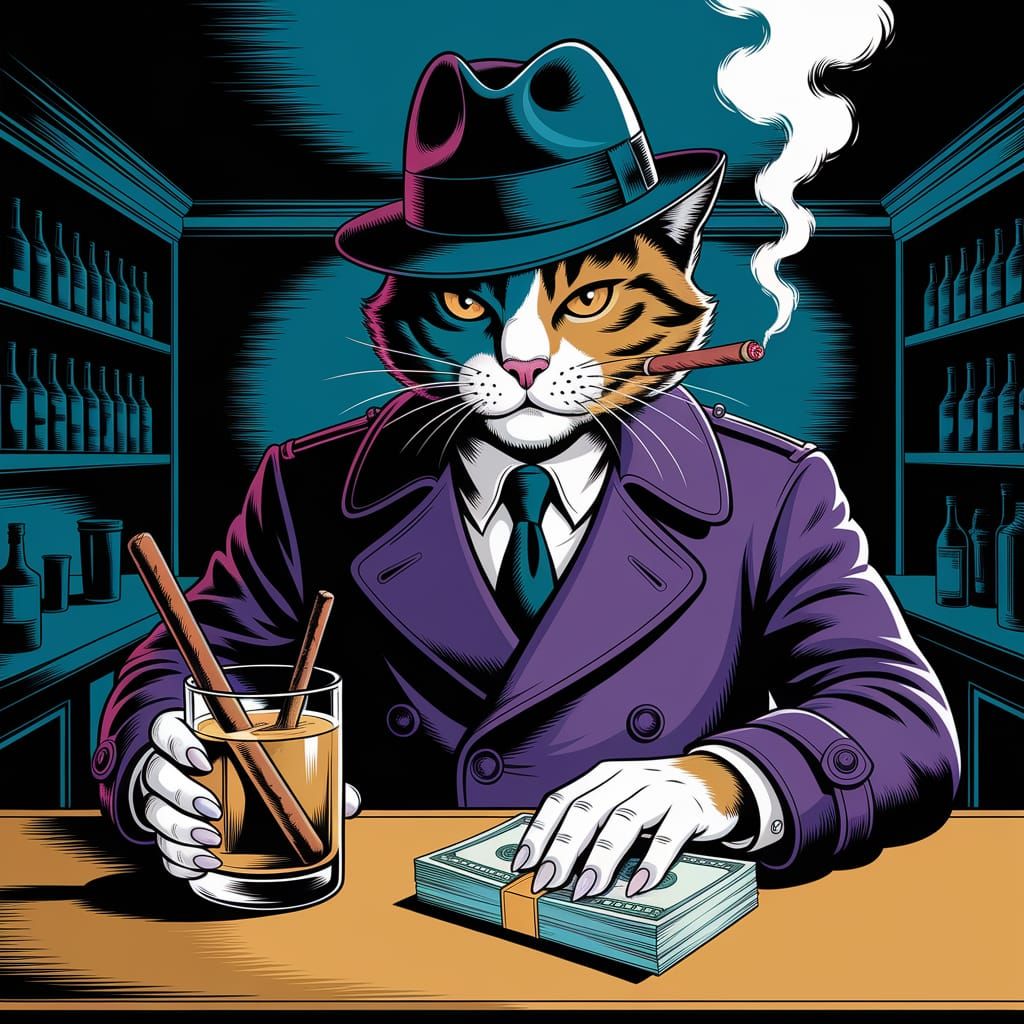 Cat Gangster in Smoky Bar, Vintage Pop Art Sticker