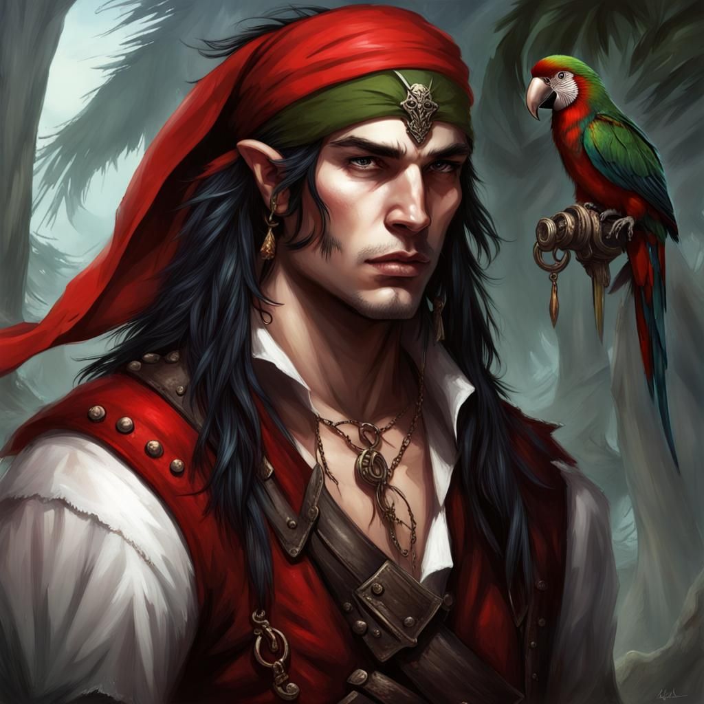 Fantasy Art: Elf Pirate with Parrot