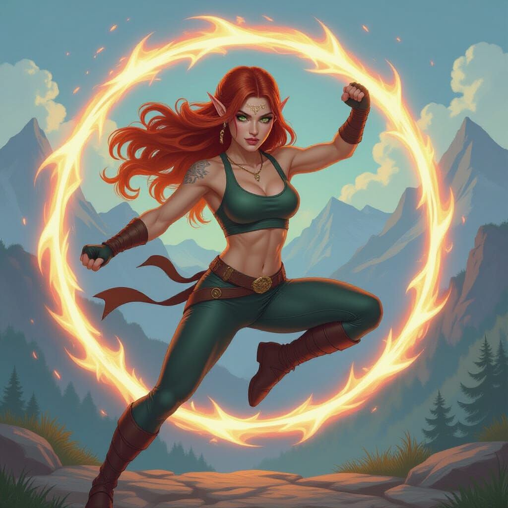 Dynamic Elf Maenad in Fantasy Oil Painting Style