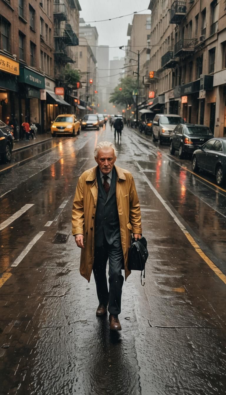 Dramatic Portrait of Old Man in Rainy Street