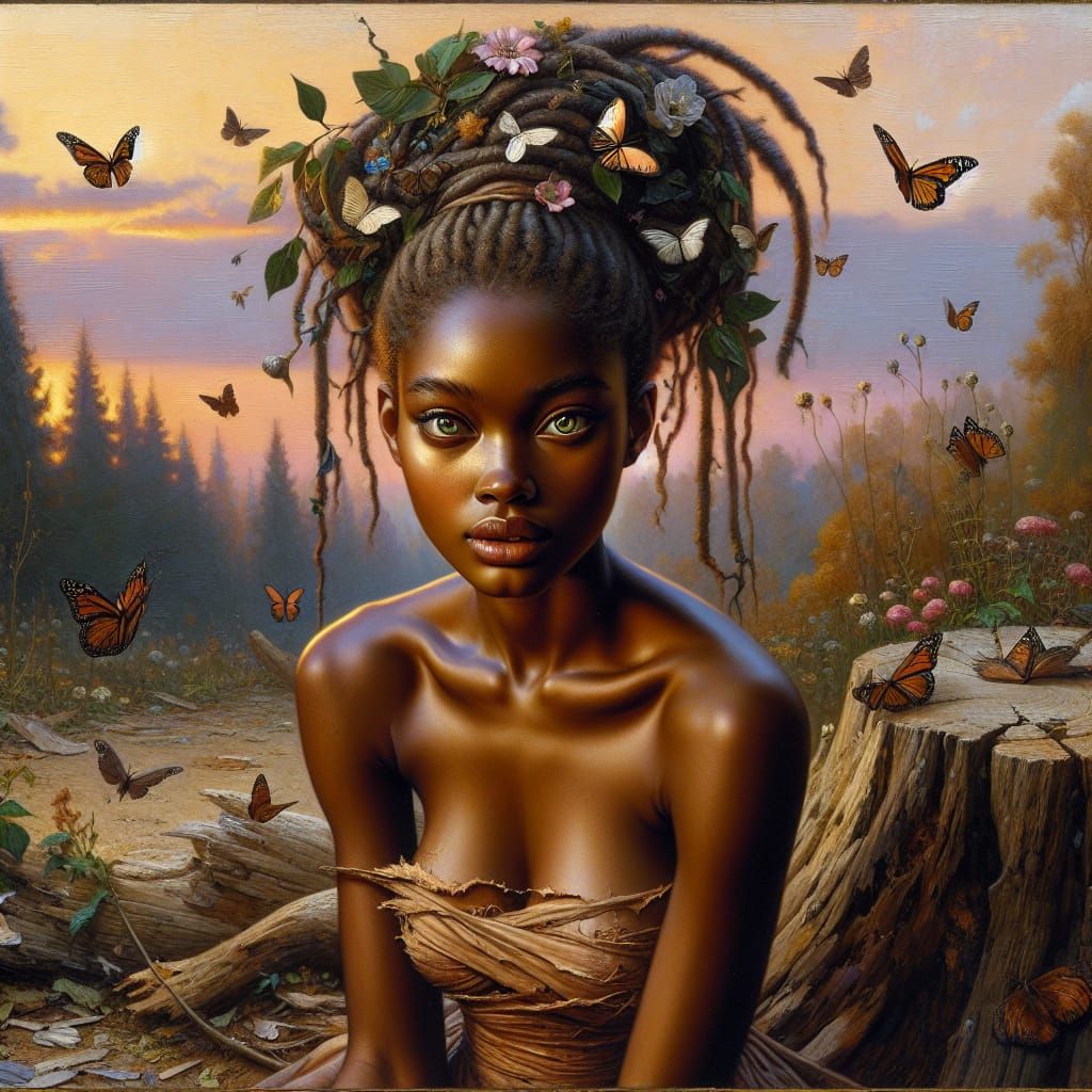 Byzantine Oil Painting: Woman with Butterflies at Sunset