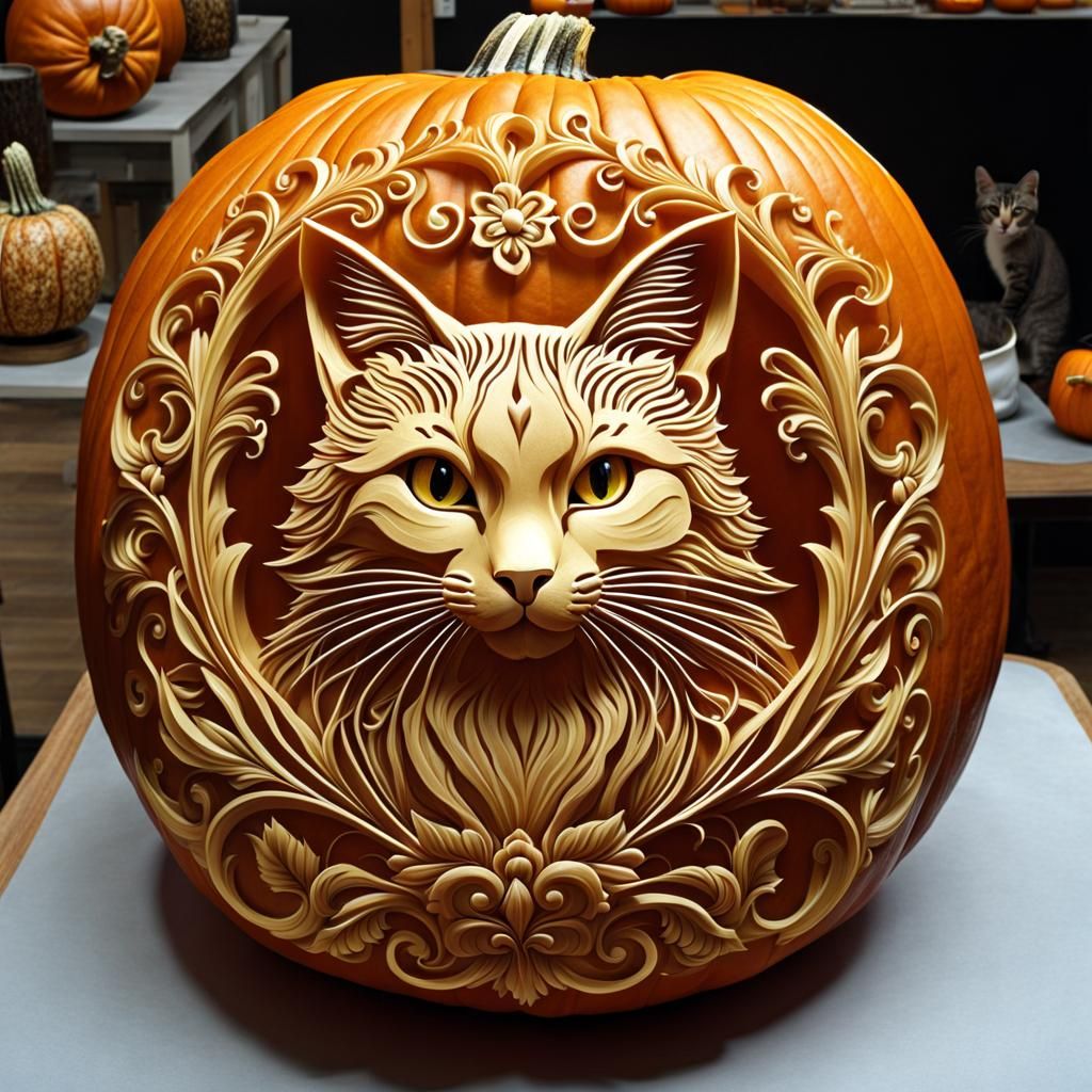 Ornate Pumpkin Carving of a Cat