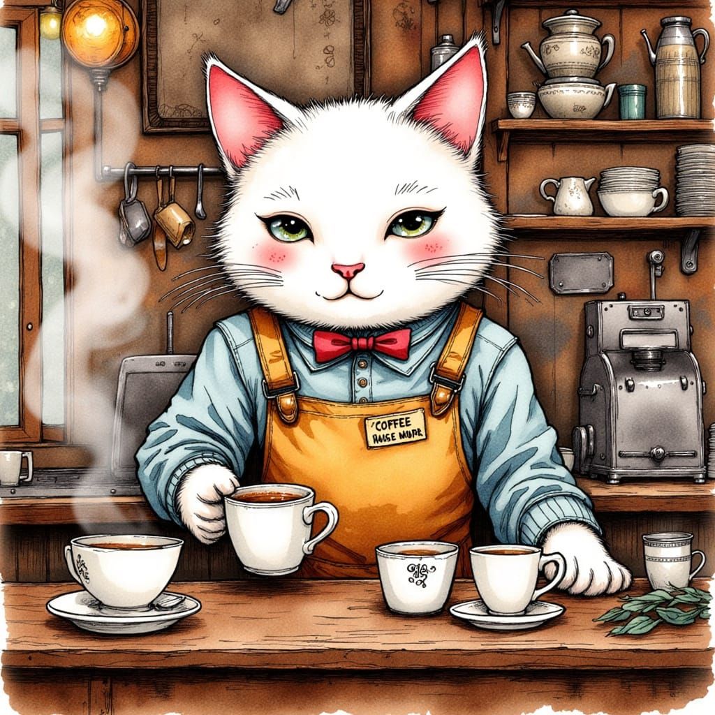 Cat Barista in Coffee Shop, Ink Illustration