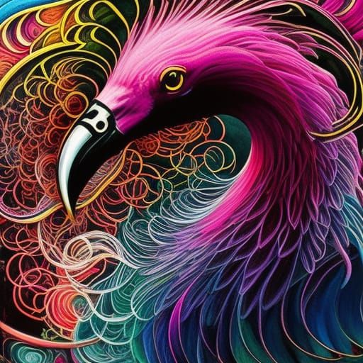 Flamingo Portrait in Black and Pink Ink Flow