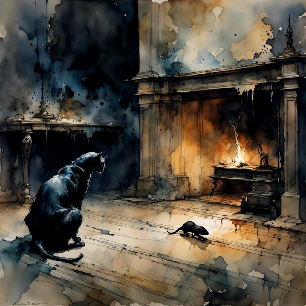 Black Cat Watches Toad Exit Fireplace