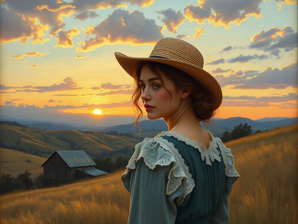 Victorian Country Woman Contemplates Sunset Landscape