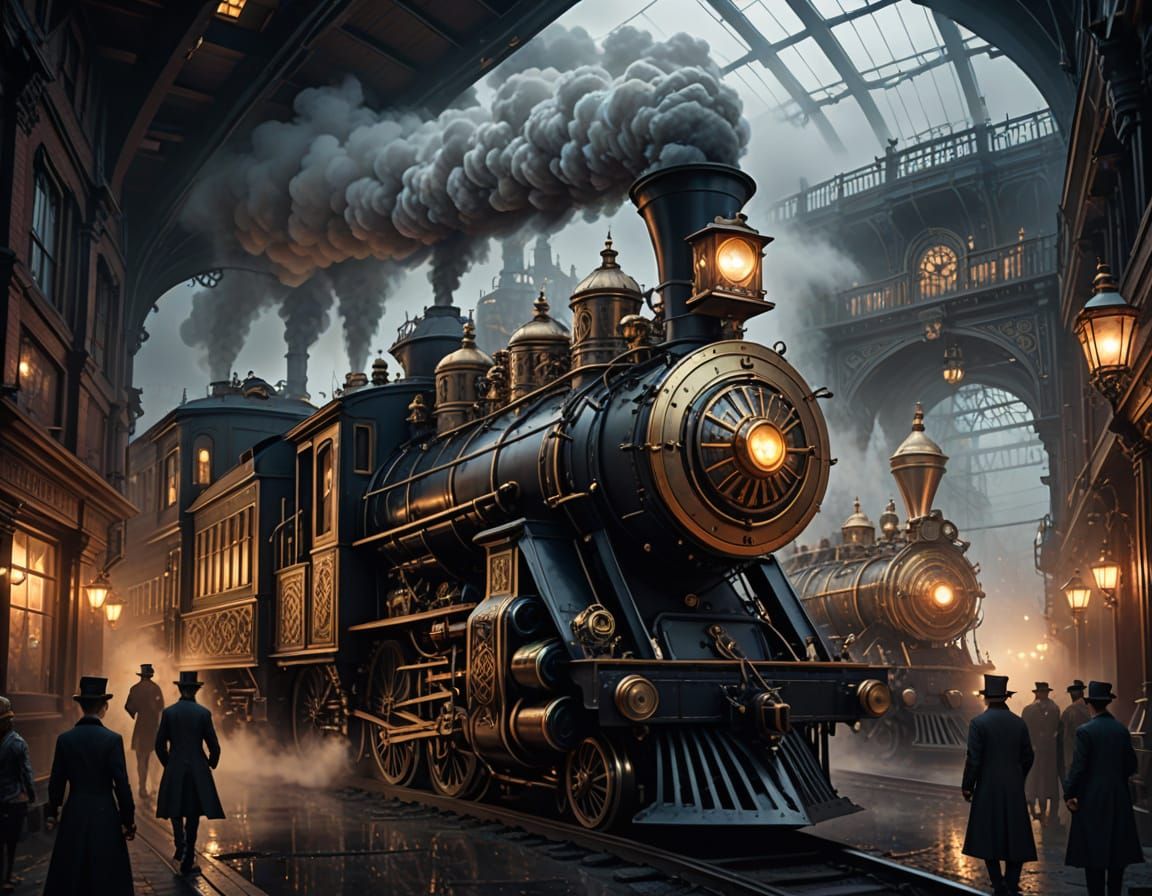 Majestic Steam-Powered Locomotive in Victorian-Era Metropoli...