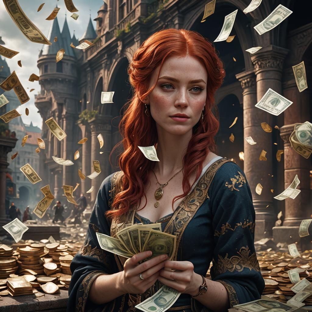 Red-Haired Woman Holding Money: Fantasy Concept Art